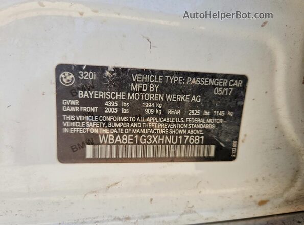 WBA8E1G3XHNU17681 2017 BMW 3 SERIES White სალონის 360-გრადუსიანი ხედი