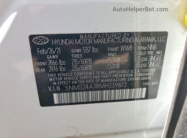 5NMS24AJ8MH339872 2021 HYUNDAI SANTA FE White 360 interior view