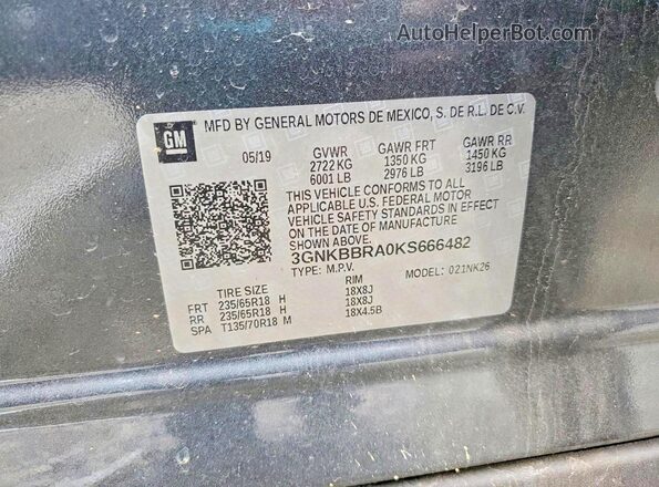 3GNKBBRA0KS666482 2019 CHEVROLET BLAZER Gray Панорамний вид салону 360°