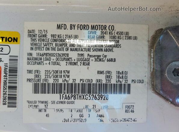 1FA6P8THXG5263928 2016 FORD MUSTANG White VIN კოდის სტიკერის ხედი