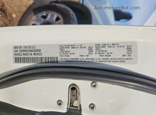 3C63R3HL5NG302865 2022 RAM 3500 White VIN կոդի պիտակի տեսք