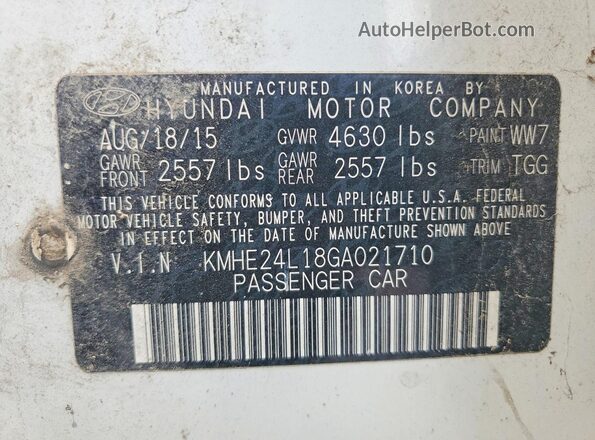 KMHE24L18GA021710 2016 HYUNDAI SONATA White VIN კოდის სტიკერის ხედი