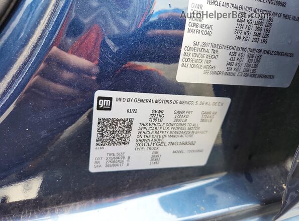 3GCUYGEL7NG168582 2022 CHEVROLET SILVERADO Blue VIN կոդի պիտակի տեսք