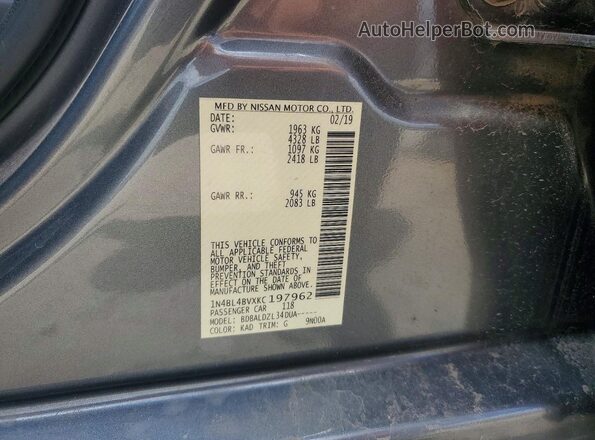 1N4BL4BVXKC197962 2019 NISSAN ALTIMA Gray Widok naklejki z numerem VIN