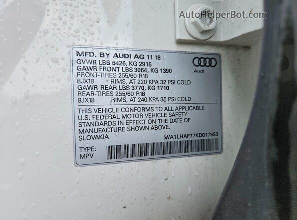 WA1LHAF77KD017853 2019 AUDI Q7 White Widok wnętrza 360 stopni