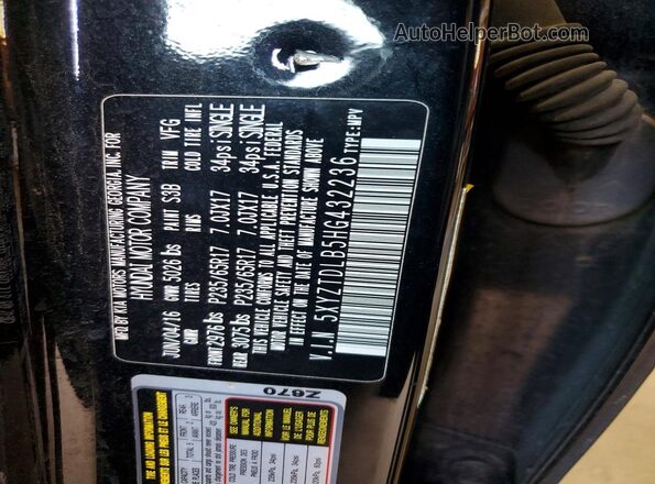 5XYZTDLB5HG432236 2017 HYUNDAI SANTA Black Vista interior de 360 grados