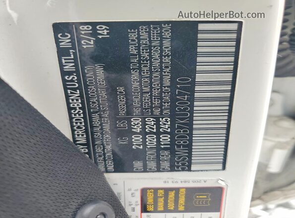 55SWF8DB7KU304710 2019 MERCEDES-BENZ C-CLASS White VIN კოდის სტიკერის ხედი