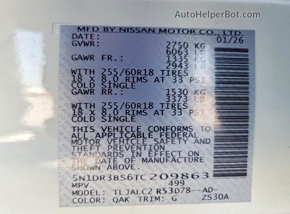 5N1DR3BS6TC209863 2026 NISSAN PATHFINDER White 