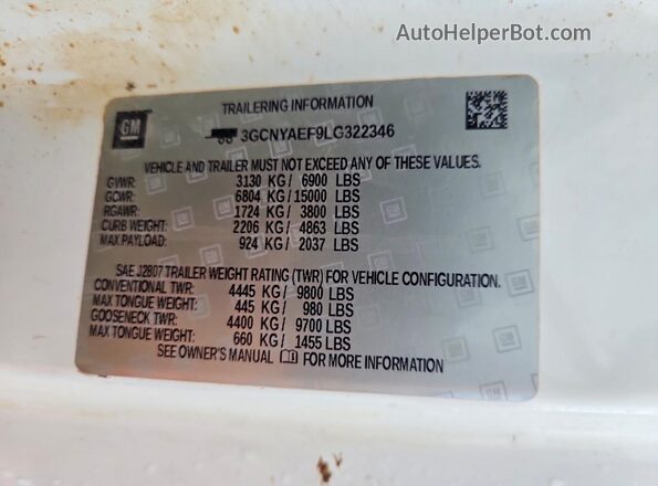 3GCNYAEF9LG322346 2020 CHEVROLET SILVERADO White VIN კოდის სტიკერის ხედი
