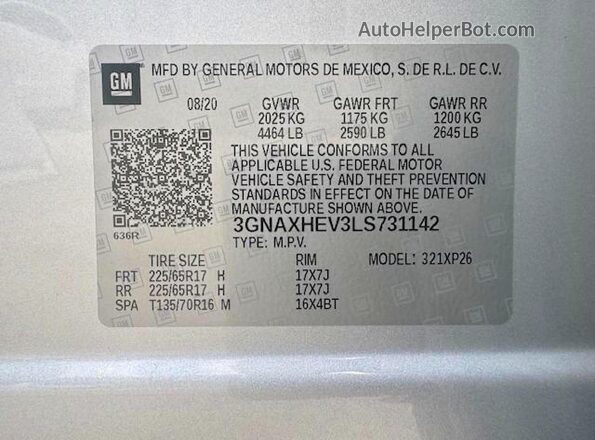 3GNAXHEV3LS731142 2020 CHEVROLET EQUINOX Silver 