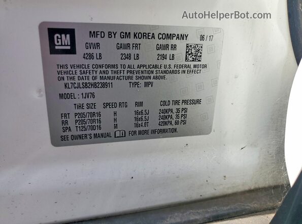 KL7CJLSB2HB238911 2017 CHEVROLET TRAX Белый Вид наклейки с VIN-кодом