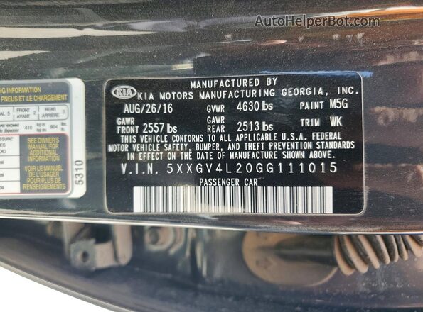 5XXGV4L20GG111015 2016 KIA OPTIMA Gray VIN sticker view
