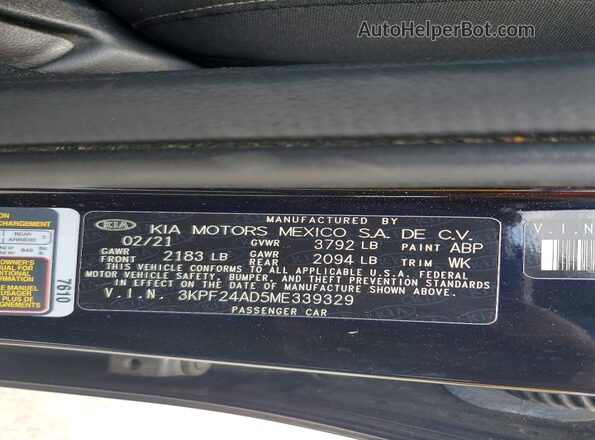 3KPF24AD5ME339329 2021 KIA FORTE Black Widok naklejki z numerem VIN