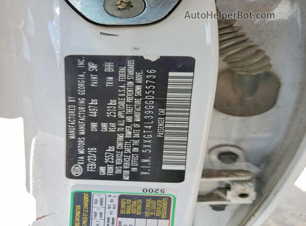 5XXGT4L39GG055736 2016 KIA OPTIMA White VIN կոդի պիտակի տեսք