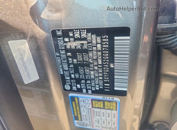 5XYPGDA52GG078585 2016 KIA SORENTO Gray Вид наклейки з VIN-кодом