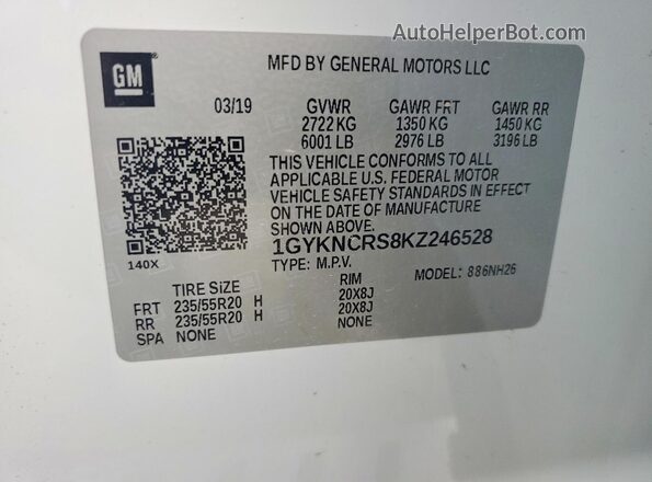 1GYKNCRS8KZ246528 2019 CADILLAC XT5 White სალონის 360-გრადუსიანი ხედი