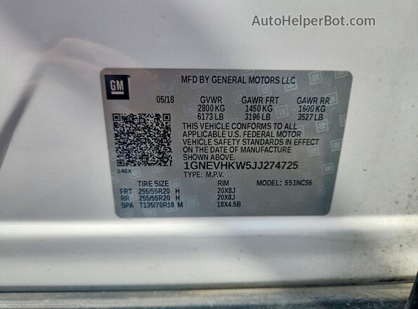 1GNEVHKW5JJ274725 2018 CHEVROLET TRAVERSE White სალონის 360-გრადუსიანი ხედი