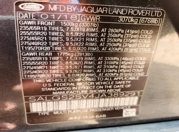SALGS2SV4JA389291 2018 LAND ROVER RANGE Black Սալոնի 360 աստիճան տեսք