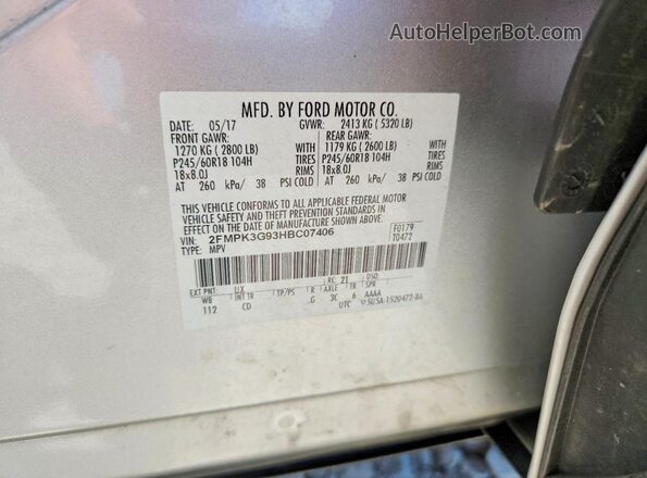 2FMPK3G93HBC07406 2017 FORD EDGE Gray Панорамний вид салону 360°