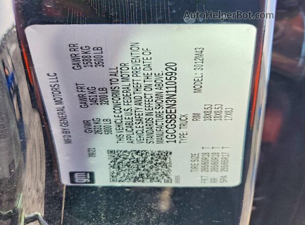 1GCGSBEN3N1105920 2022 CHEVROLET COLORADO Black Вид наклейки з VIN-кодом