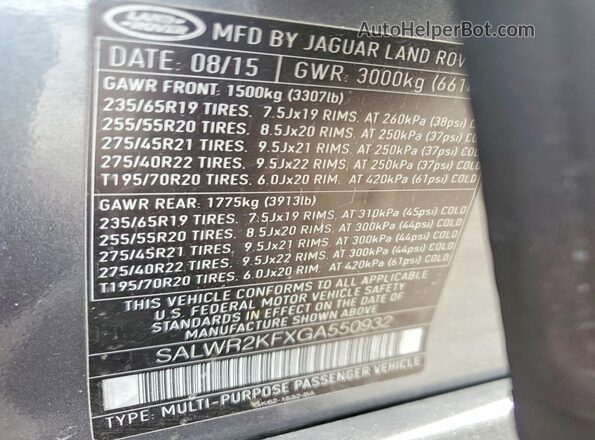 SALWR2KFXGA550932 2016 LAND ROVER RANGE Gray Vista interior de 360 grados