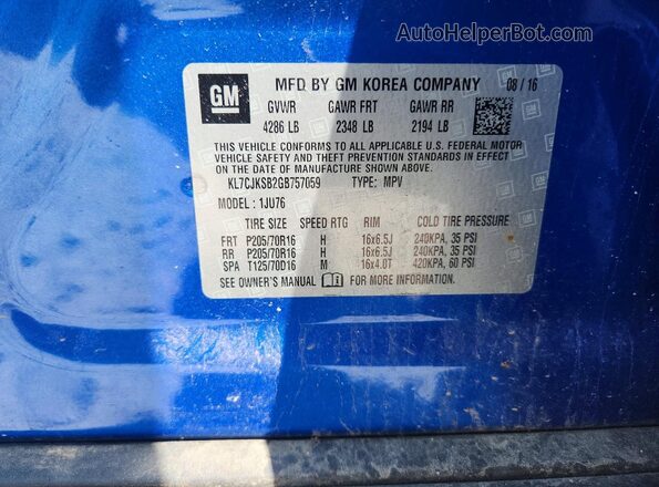 KL7CJKSB2GB757059 2016 CHEVROLET TRAX Blue Widok wnętrza 360 stopni