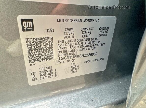 1GCRYJEK6NZ126060 2022 CHEVROLET SILVERADO Серый Вид задней части салона