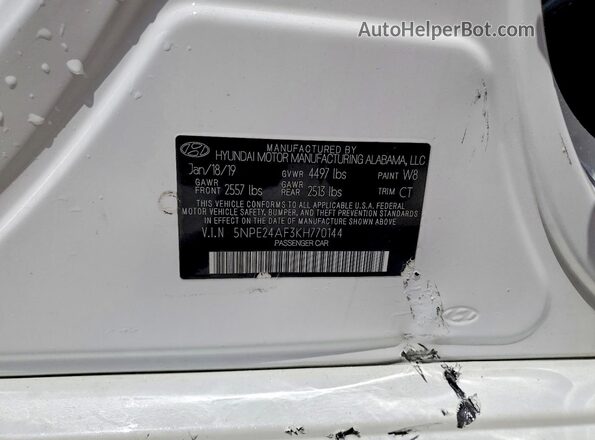 5NPE24AF3KH770144 2019 HYUNDAI SONATA White Вид наклейки з VIN-кодом