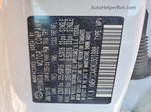 KM8K1CAA0KU301888 2019 HYUNDAI KONA White Widok naklejki z numerem VIN