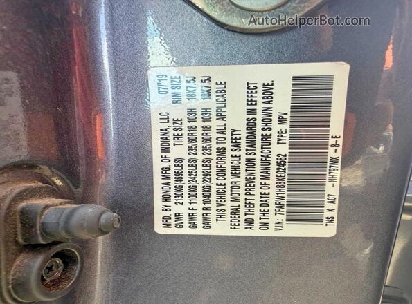 7FARW1H88KE024562 2019 HONDA CR-V Gray Widok wnętrza z tyłu