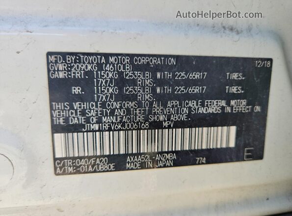 JTMW1RFV6KJ006168 2019 TOYOTA RAV4 White 