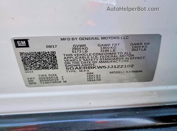 5GAERBKW5JJ122102 2018 BUICK ENCLAVE White Vista de la etiqueta del VIN