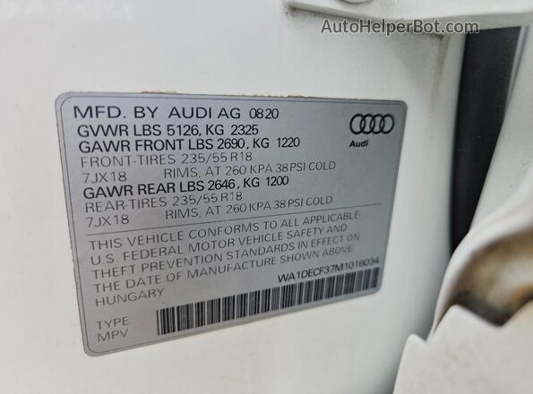WA1DECF37M1016034 2021 AUDI Q3 White VIN sticker view