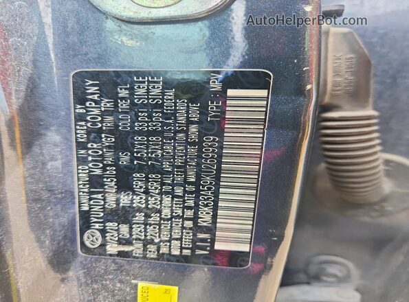 KM8K33A59KU269939 2019 HYUNDAI KONA Charcoal Vista de la etiqueta del VIN