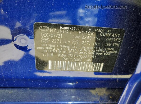 KMHC75LDXNU283281 2022 HYUNDAI IONIQ Blue Widok naklejki z numerem VIN