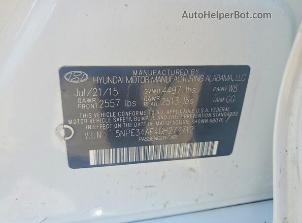 5NPE34AF4GH274712 2016 HYUNDAI SONATA White VIN კოდის სტიკერის ხედი