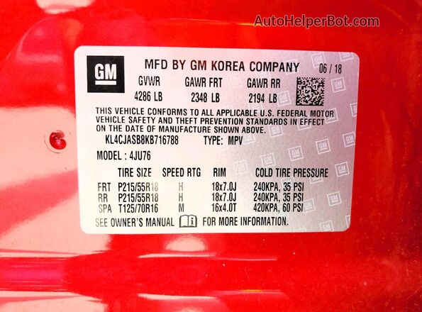 KL4CJASB8KB716788 2019 BUICK ENCORE Red VIN sticker view