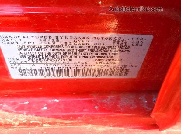 3N1AB7AP4KY279130 2019 NISSAN SENTRA Red VIN sticker view