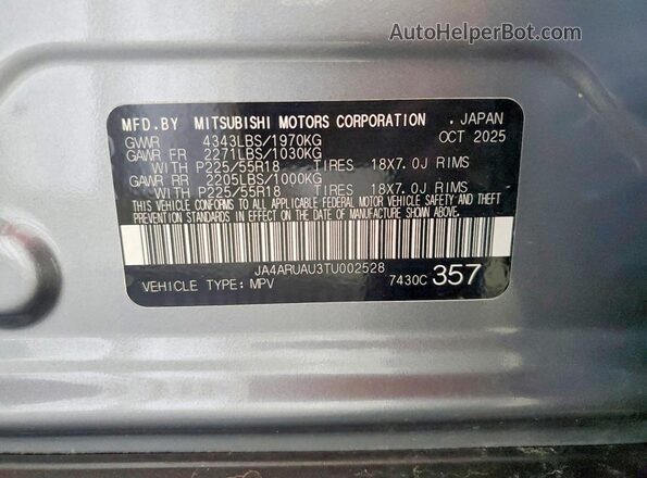 JA4ARUAU3TU002528 2026 MITSUBISHI OUTLANDER Gray VIN კოდის სტიკერის ხედი