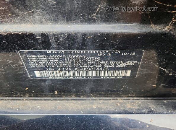 JF1VA1A64K9814426 2019 SUBARU WRX Черный Вид наклейки с VIN-кодом