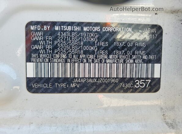 JA4AP3AUXJZ001960 2018 MITSUBISHI OUTLANDER White VIN կոդի պիտակի տեսք