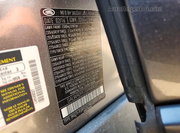 SALWR2PF7GA649037 2016 LAND ROVER RANGE ROVER Gray Вид наклейки з VIN-кодом