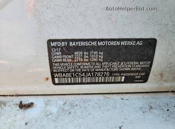 WBA8E1C54JA178276 2018 BMW 3 SERIES White VIN კოდის სტიკერის ხედი
