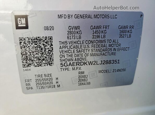 5GAERDKW2LJ288351 2020 BUICK ENCLAVE White 360 interior view