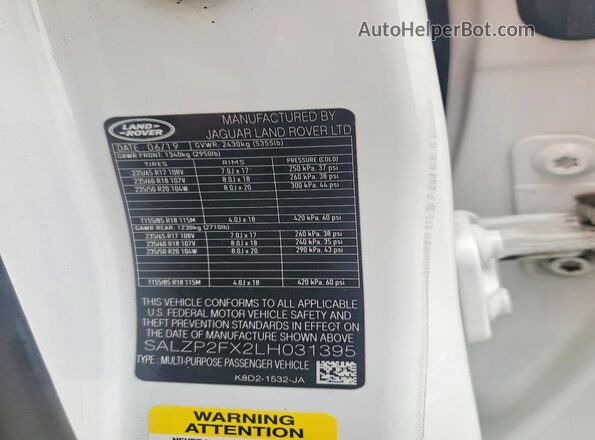 SALZP2FX2LH031395 2020 LAND ROVER RANGE ROVER White Widok wnętrza 360 stopni