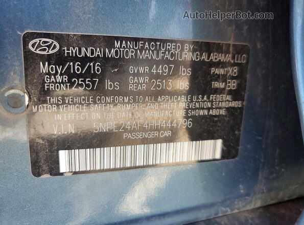 5NPE24AF4HH444796 2017 HYUNDAI SONATA Blue Widok naklejki z numerem VIN
