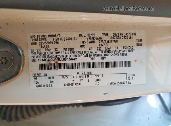 1FMCU9J95LUB15642 2020 FORD ESCAPE White Vista de la etiqueta del VIN