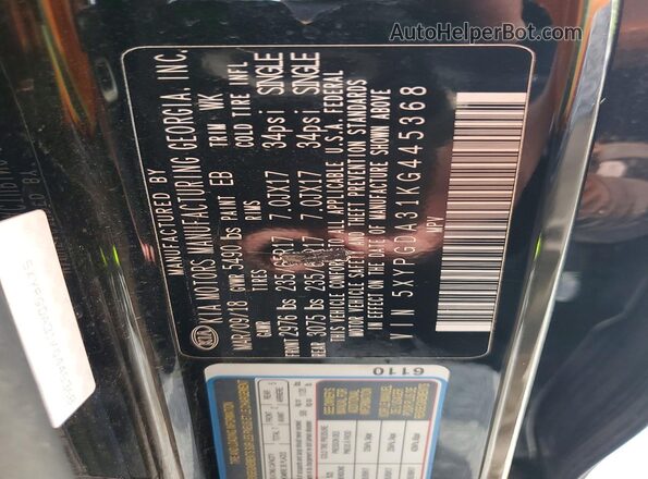 5XYPGDA31KG445368 2019 KIA SORENTO Black Widok wnętrza 360 stopni