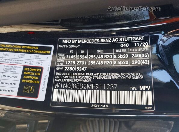W1N0J8EB2MF911237 2021 MERCEDES-BENZ GLC-CLASS Black VIN sticker view