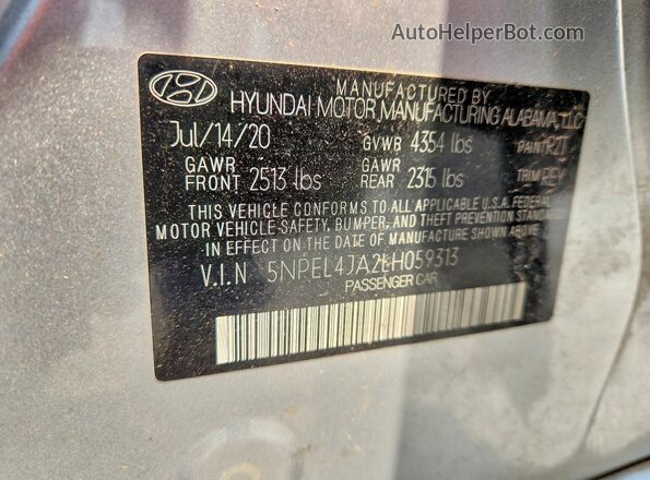 5NPEL4JA2LH059313 2020 HYUNDAI SONATA Silver VIN კოდის სტიკერის ხედი